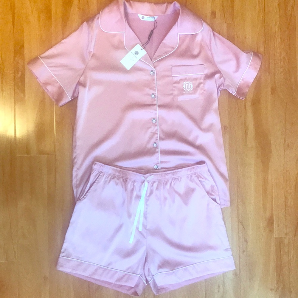 New! Pink Button Down Shirt & Shorts Pajama Set